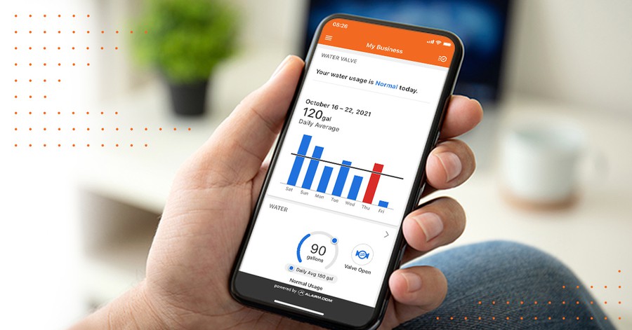 A phone displaying the Alarm.com app’s water usage page.