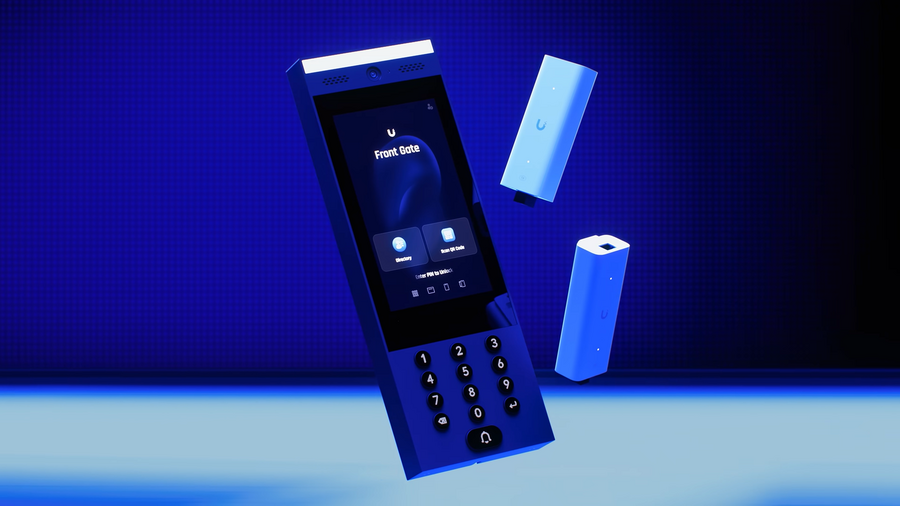 A sleek Ubiquiti access control device with a touchscreen and keypad is displayed against a futuristic blue background, accompanied by three floating Ubiquiti sensor units, highlighting advanced commercial security technology.