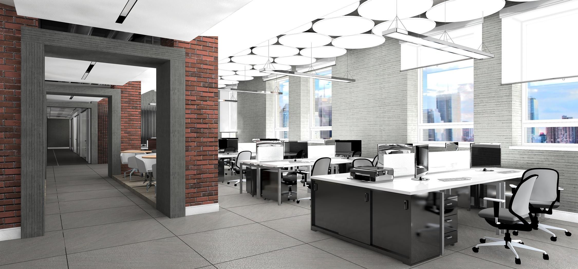 open concept office with grey accents and bright lights